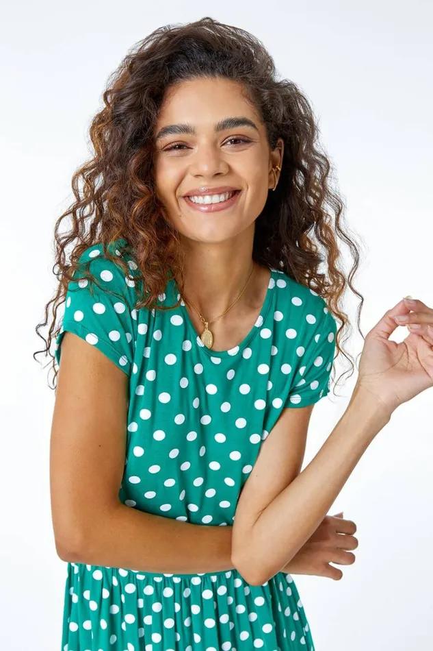 Green Spot Print Stretch Midi Dress Women Roman Dresses