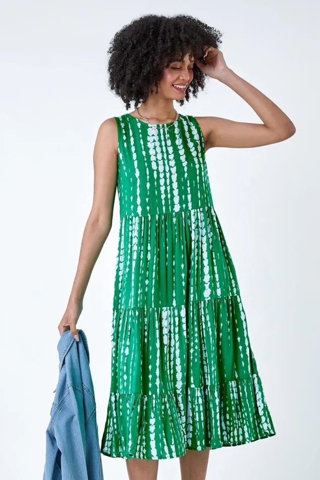 Green Tie Dye Print Sleeveless Smock Dress Women Roman Dresses