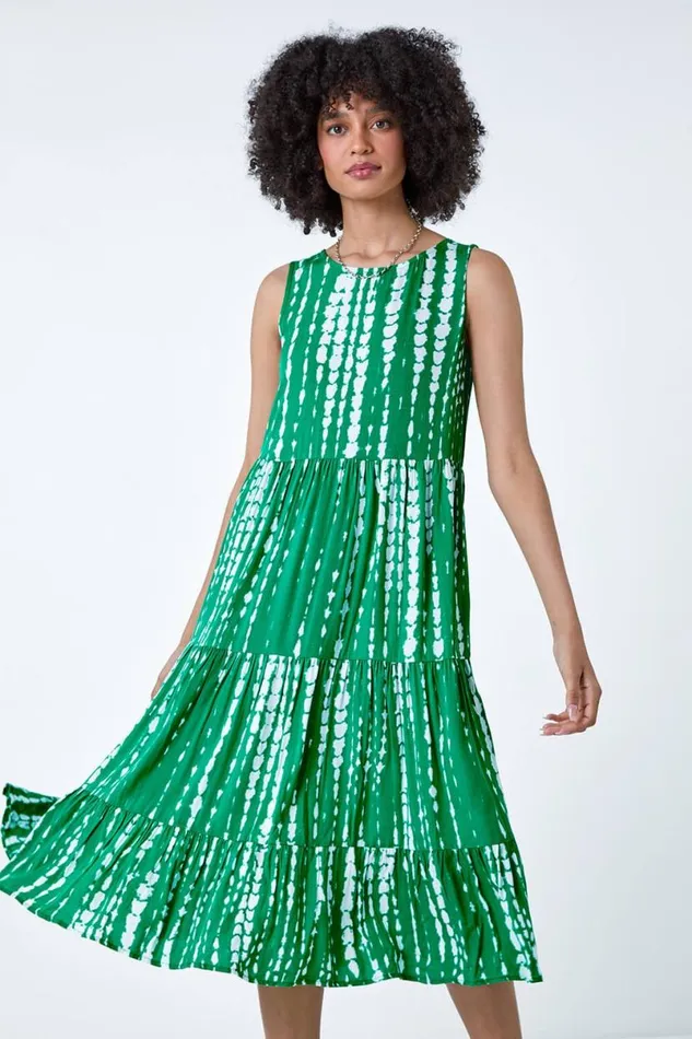 Green Tie Dye Print Sleeveless Smock Dress Women Roman Dresses