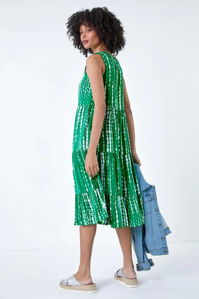 Green Tie Dye Print Sleeveless Smock Dress Women Roman Dresses