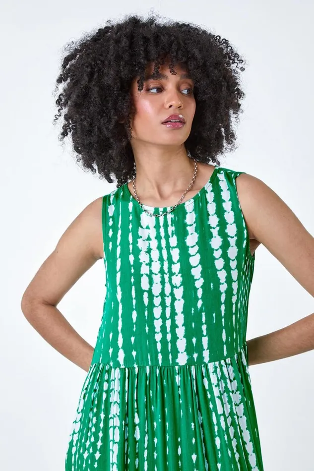 Green Tie Dye Print Sleeveless Smock Dress Women Roman Dresses