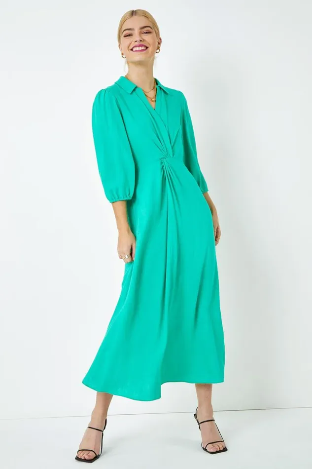 Green Twist Front Maxi Shirt Dress Women Roman Dresses