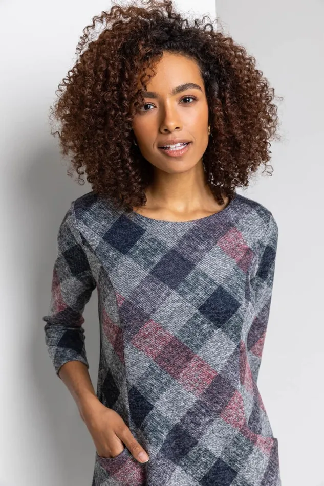 Grey Check Pocket Shift Dress Women Roman Dresses