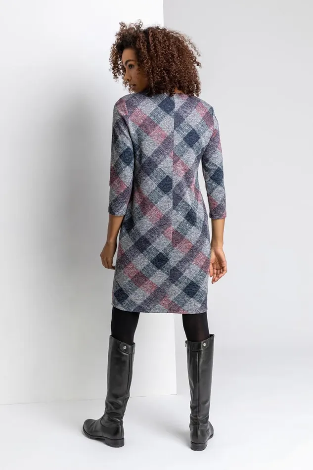 Grey Check Pocket Shift Dress Women Roman Dresses