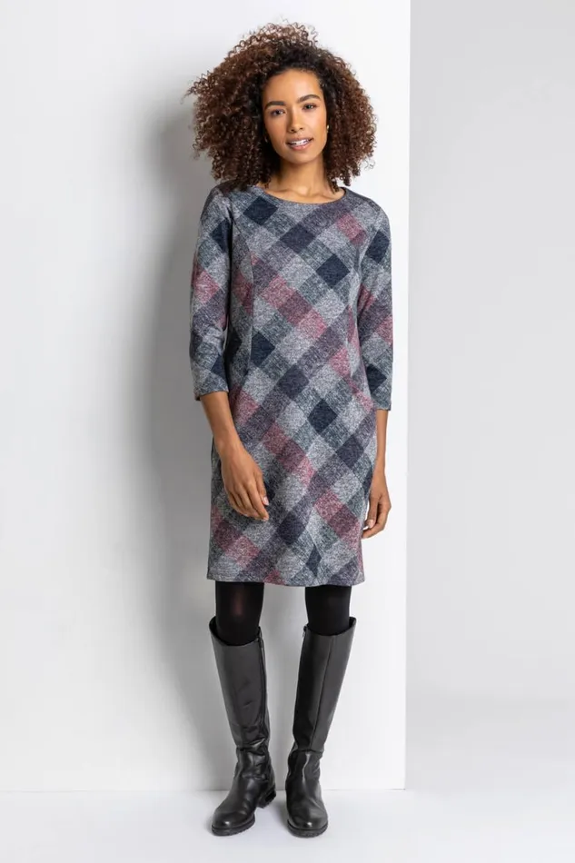 Grey Check Pocket Shift Dress Women Roman Dresses