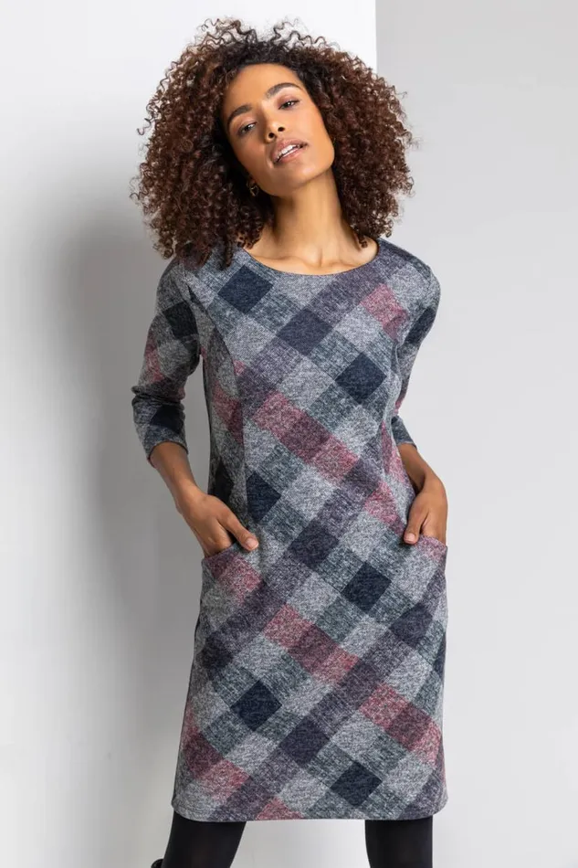 Grey Check Pocket Shift Dress Women Roman Dresses