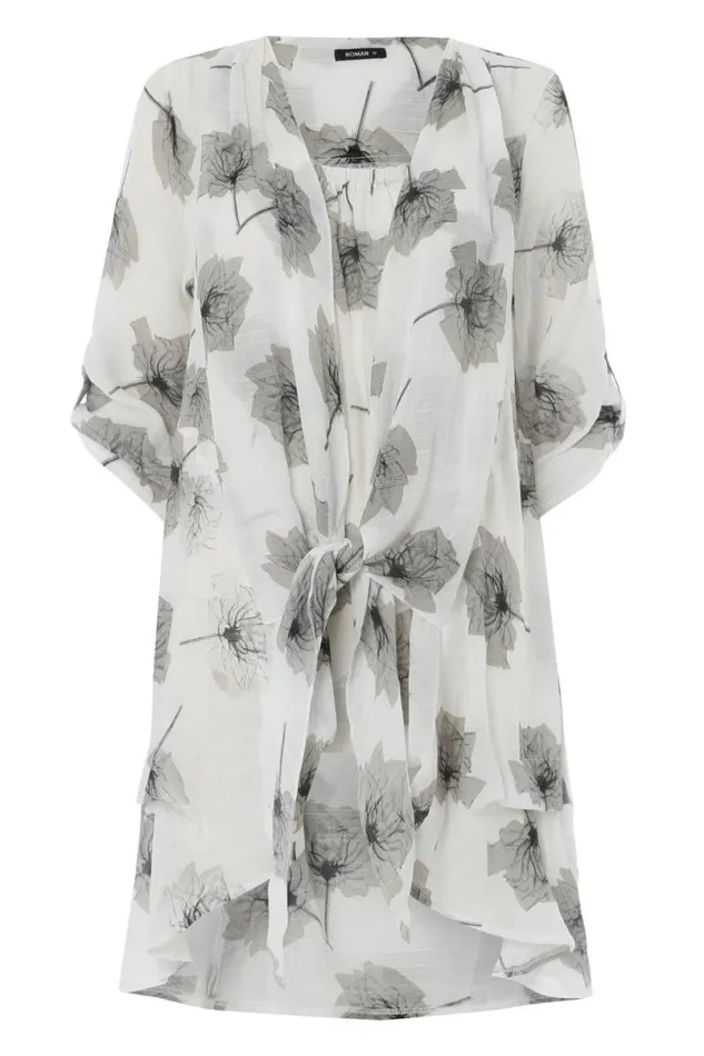 Grey Crinkle Print Tunic Top Women Roman Tops