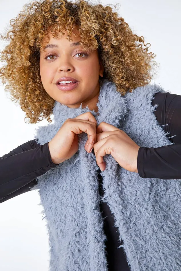Grey Curve Textured Faux Fur Gilet Women Roman Jackets