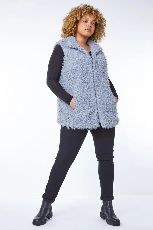 Grey Curve Textured Faux Fur Gilet Women Roman Jackets