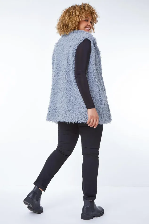 Grey Curve Textured Faux Fur Gilet Women Roman Jackets