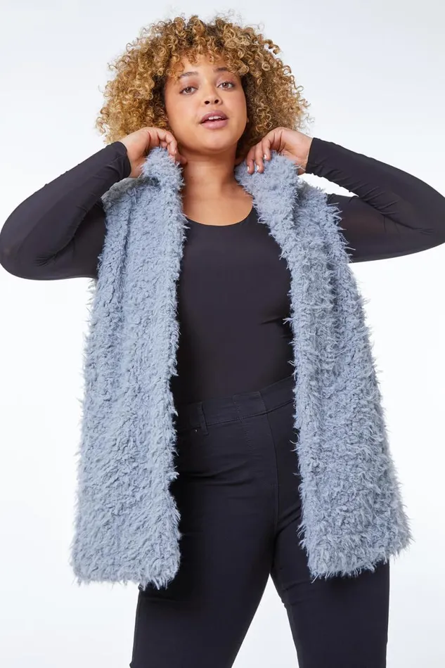 Grey Curve Textured Faux Fur Gilet Women Roman Jackets