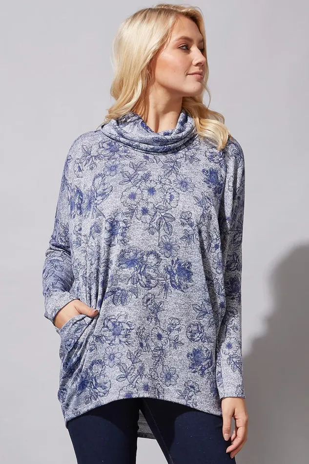Grey Floral Print Cowl Neck Top Women Roman Tops