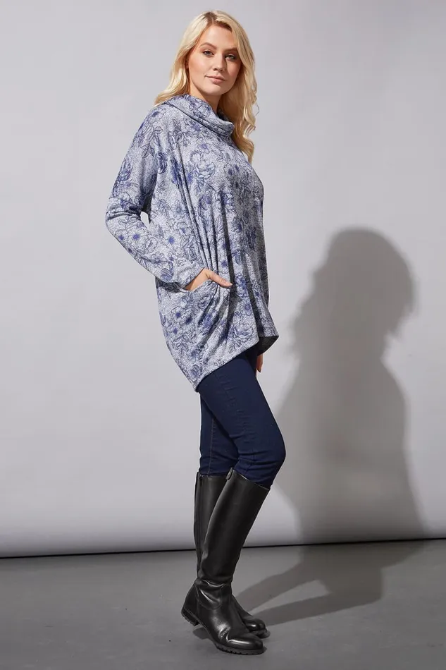 Grey Floral Print Cowl Neck Top Women Roman Tops