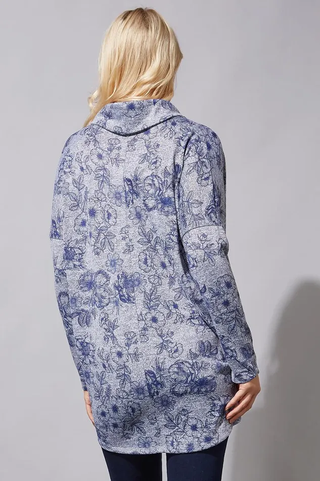 Grey Floral Print Cowl Neck Top Women Roman Tops
