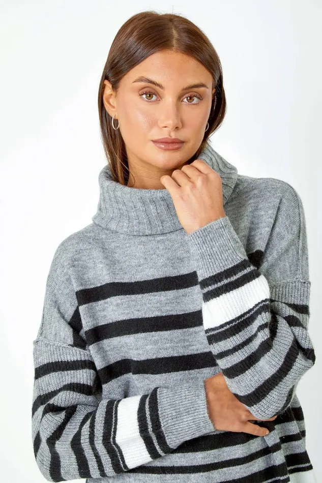 Grey Longline Striped Roll Neck Tunic Jumper Women Roman Knitwear