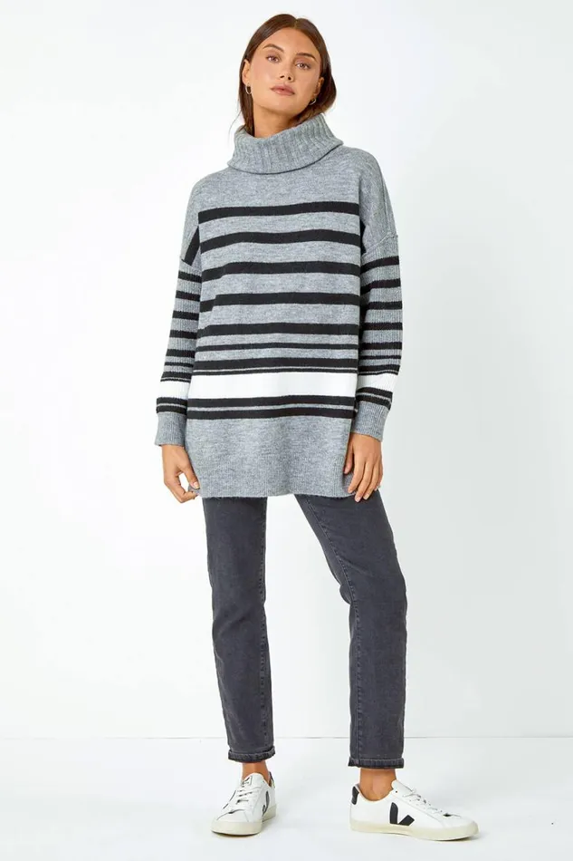 Grey Longline Striped Roll Neck Tunic Jumper Women Roman Knitwear