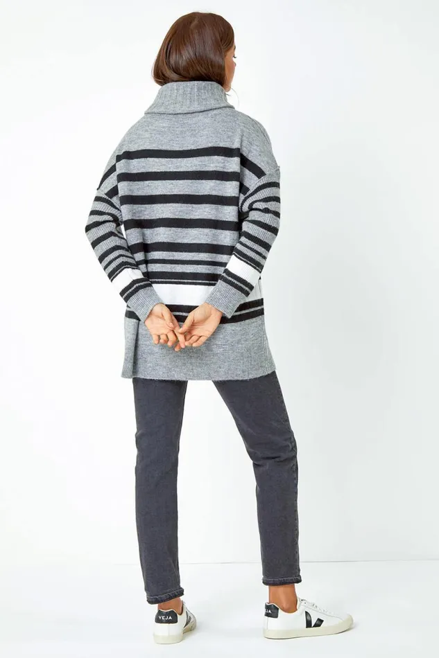 Grey Longline Striped Roll Neck Tunic Jumper Women Roman Knitwear