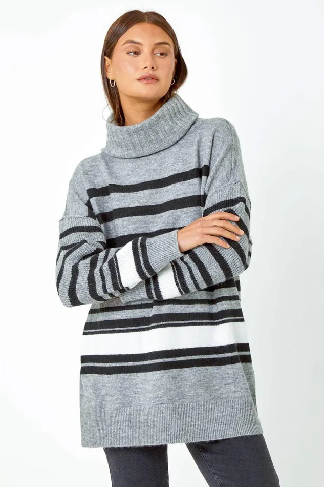 Grey Longline Striped Roll Neck Tunic Jumper Women Roman Knitwear
