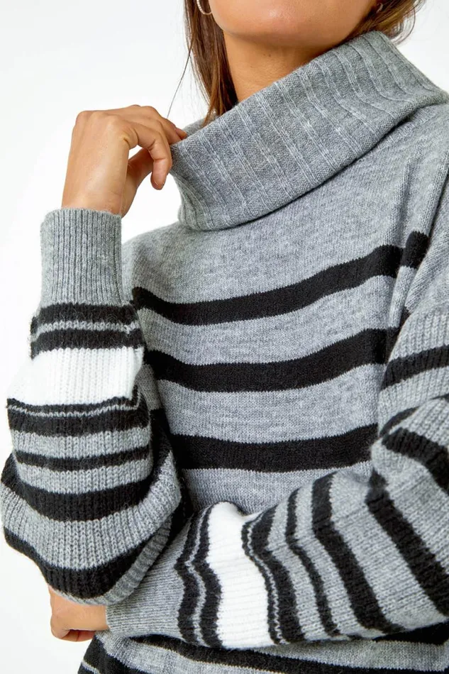 Grey Longline Striped Roll Neck Tunic Jumper Women Roman Knitwear