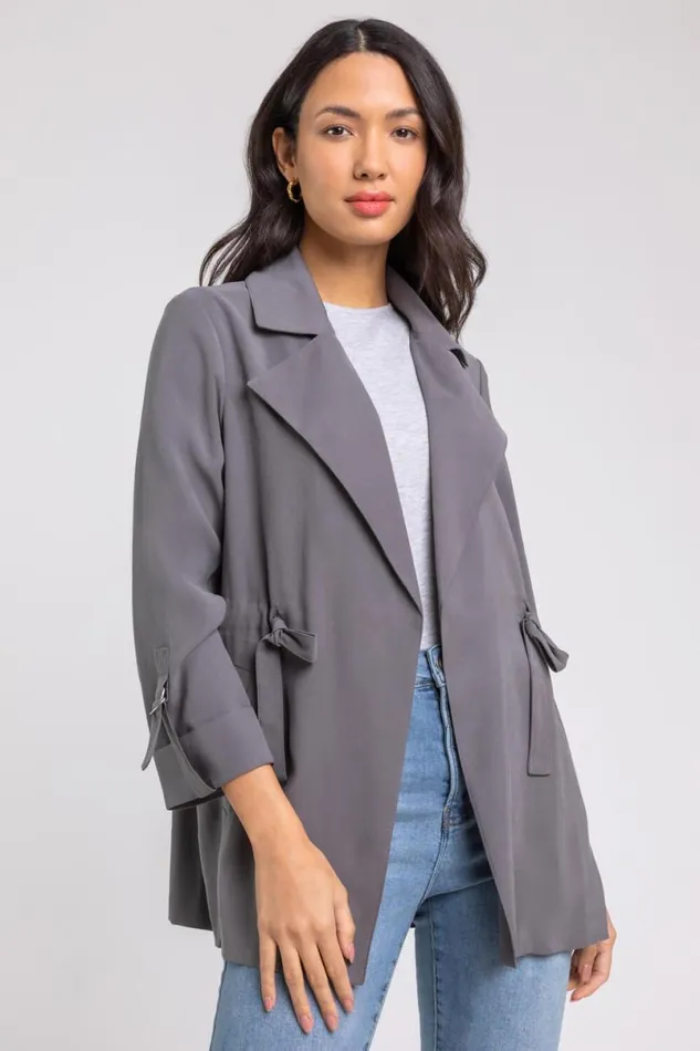 Grey Tie Waist Longline Jacket Women Roman Jackets
