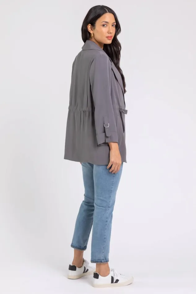 Grey Tie Waist Longline Jacket Women Roman Jackets