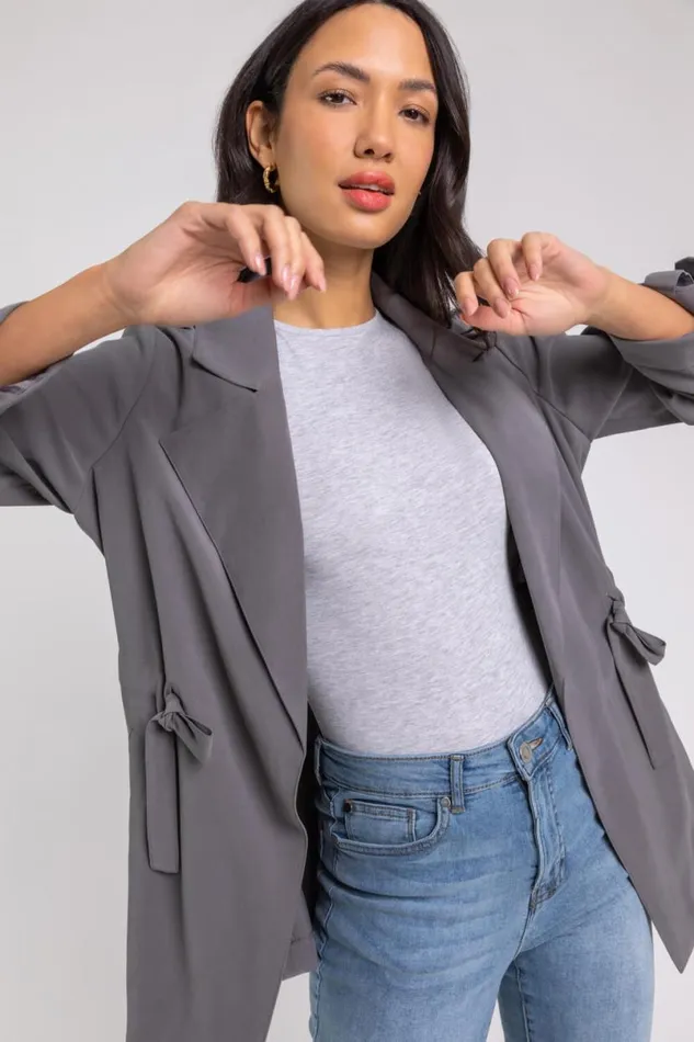 Grey Tie Waist Longline Jacket Women Roman Jackets