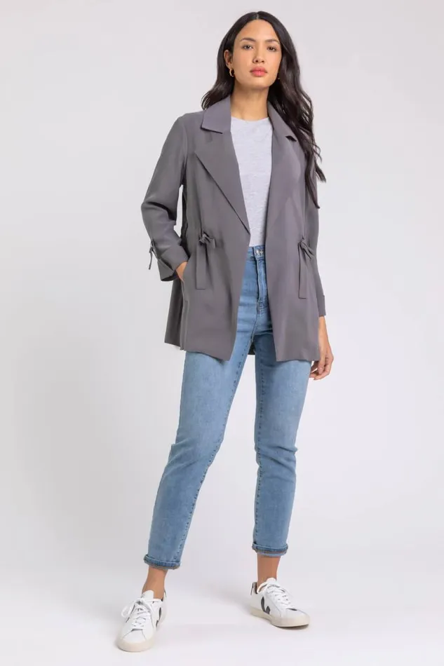 Grey Tie Waist Longline Jacket Women Roman Jackets