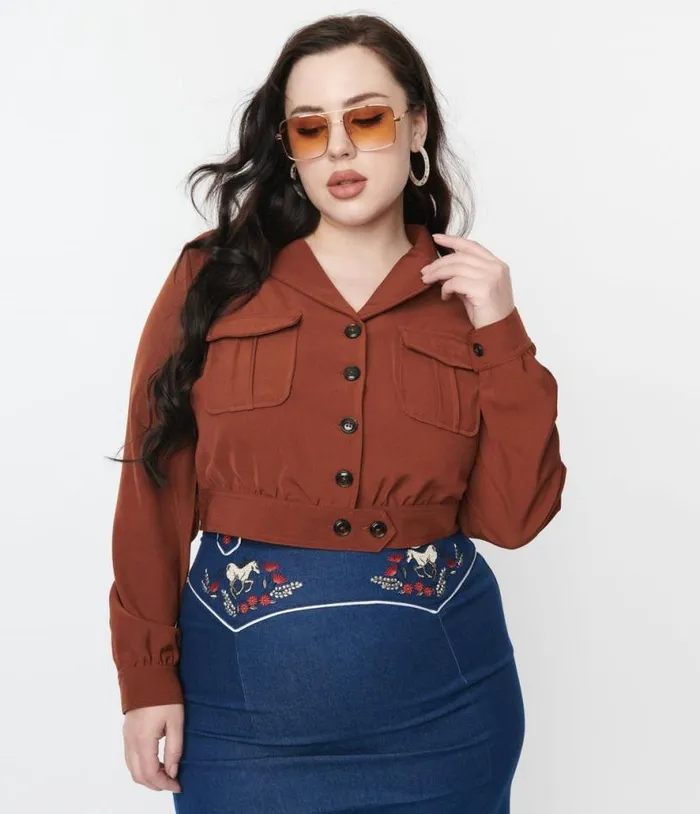 Hell Bunny 1970s Brown Ravenwood Crop Jacket Clothing Unique Vintage Coats and Jackets