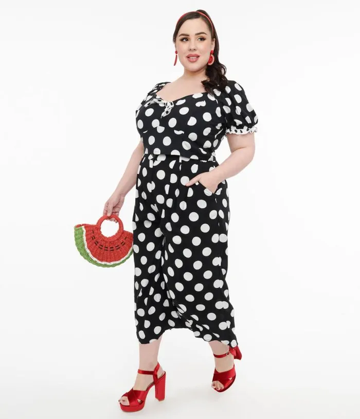 Hell Bunny Plus Size 1960s Black and White Polka Dot Cropped Trousers ClothingPlus Unique Vintage Pants