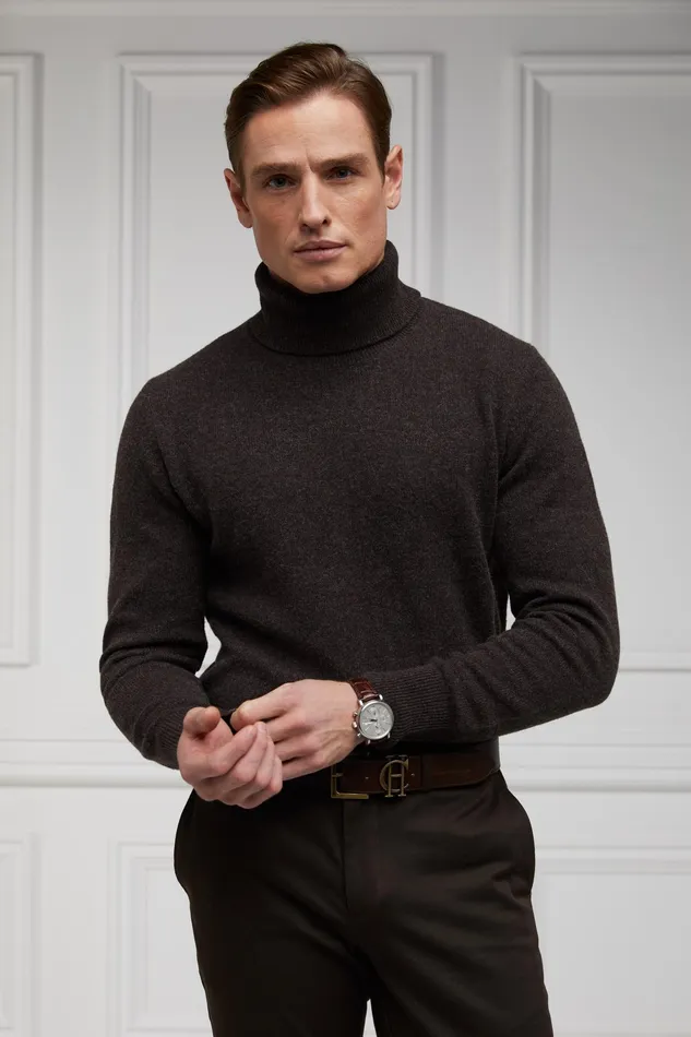 Holland Cooper Byron Roll Neck Knit Chocolate Men Knitwear