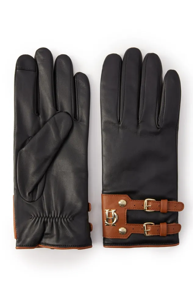 Holland Cooper Contrast Leather Gloves Black Tan Women Gloves