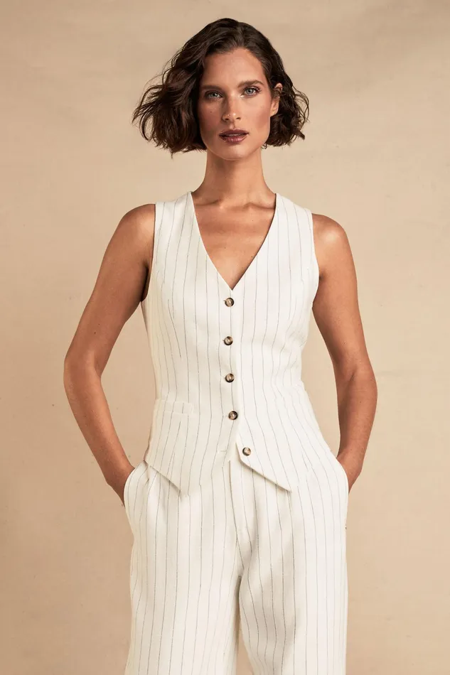 Holland Cooper Hampton Waistcoat Oyster Linen Pinstripe Women Waistcoats