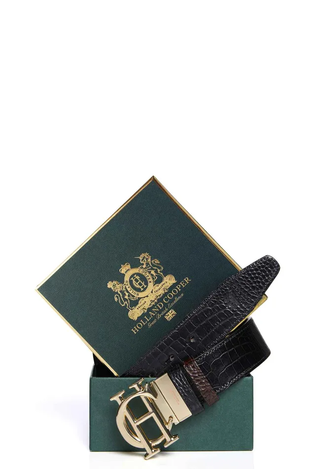 Holland Cooper HC Classic Belt Reversible Black Chocolate Croc Women Belts