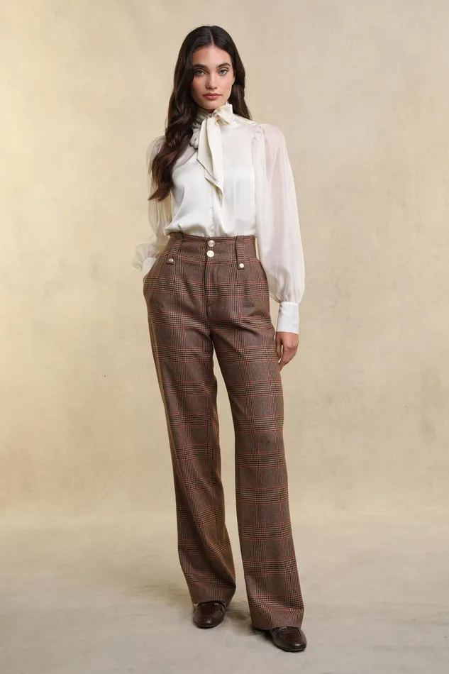 Holland Cooper High Waisted Straight Trouser Clarence Check Merlot Women Trousers