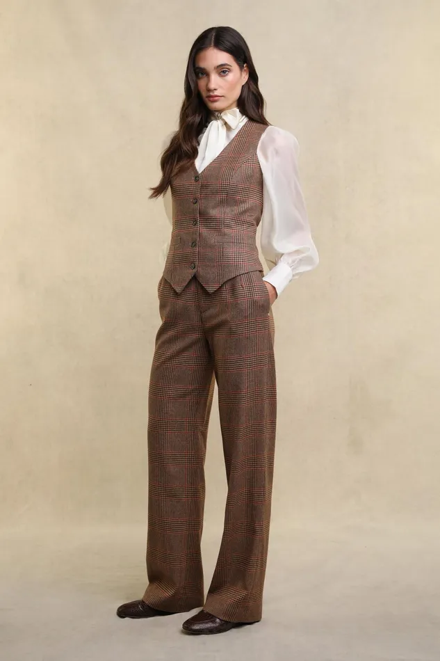 Holland Cooper High Waisted Straight Trouser Clarence Check Merlot Women Trousers Holland Cooper High Waisted Straight Trouser Clarence Check Merlot Women Trousers