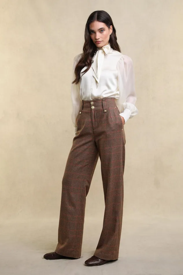 Holland Cooper High Waisted Straight Trouser Clarence Check Merlot Women Trousers Holland Cooper High Waisted Straight Trouser Clarence Check Merlot Women Trousers