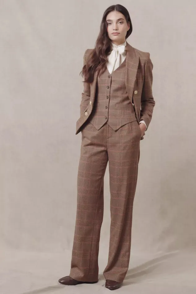 Holland Cooper High Waisted Straight Trouser Clarence Check Merlot Women Trousers Holland Cooper High Waisted Straight Trouser Clarence Check Merlot Women Trousers
