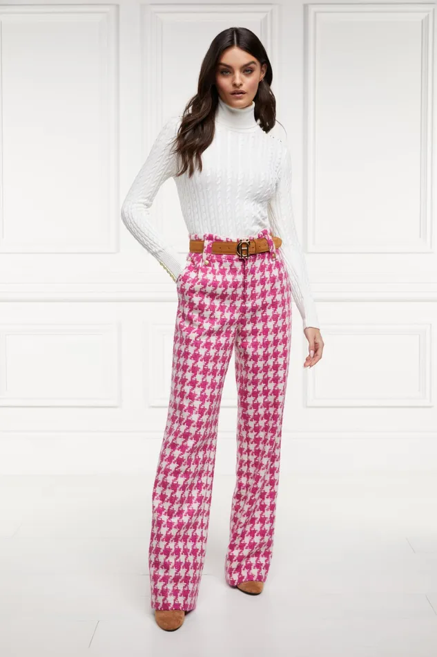 Holland Cooper High Waisted Straight Trouser Hot Pink Large Scale Houndstooth Women Tailoring