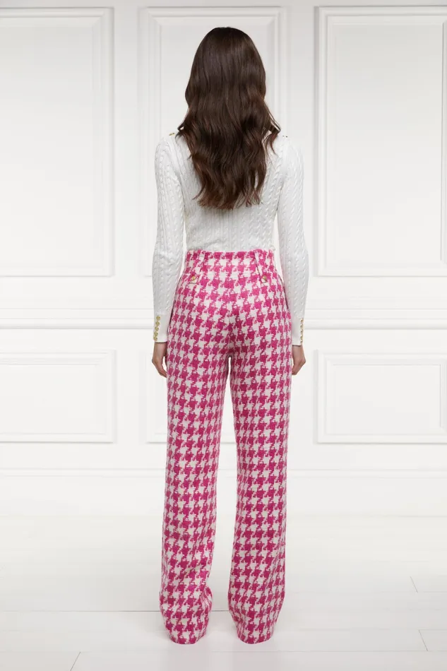 Holland Cooper High Waisted Straight Trouser Hot Pink Large Scale Houndstooth Women Tailoring Holland Cooper High Waisted Straight Trouser Hot Pink Large Scale Houndstooth Women Tailoring