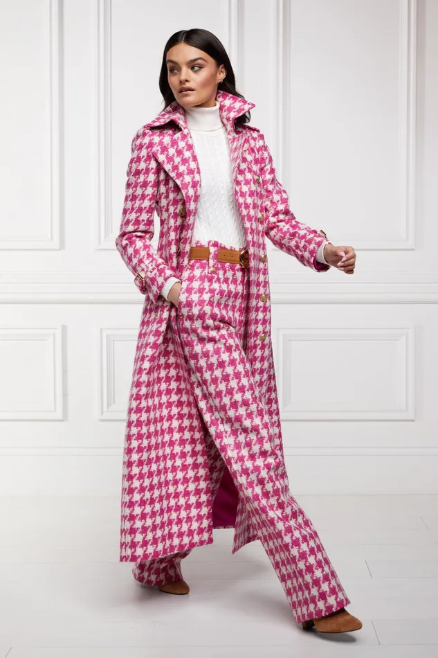 Holland Cooper High Waisted Straight Trouser Hot Pink Large Scale Houndstooth Women Tailoring Holland Cooper High Waisted Straight Trouser Hot Pink Large Scale Houndstooth Women Tailoring