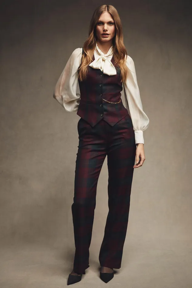 Holland Cooper High Waisted Straight Trouser Mulberry Tartan Women Tailoring