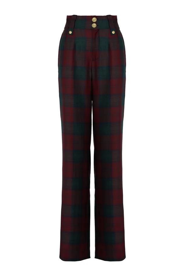 Holland Cooper High Waisted Straight Trouser Mulberry Tartan Women Tailoring Holland Cooper High Waisted Straight Trouser Mulberry Tartan Women Tailoring