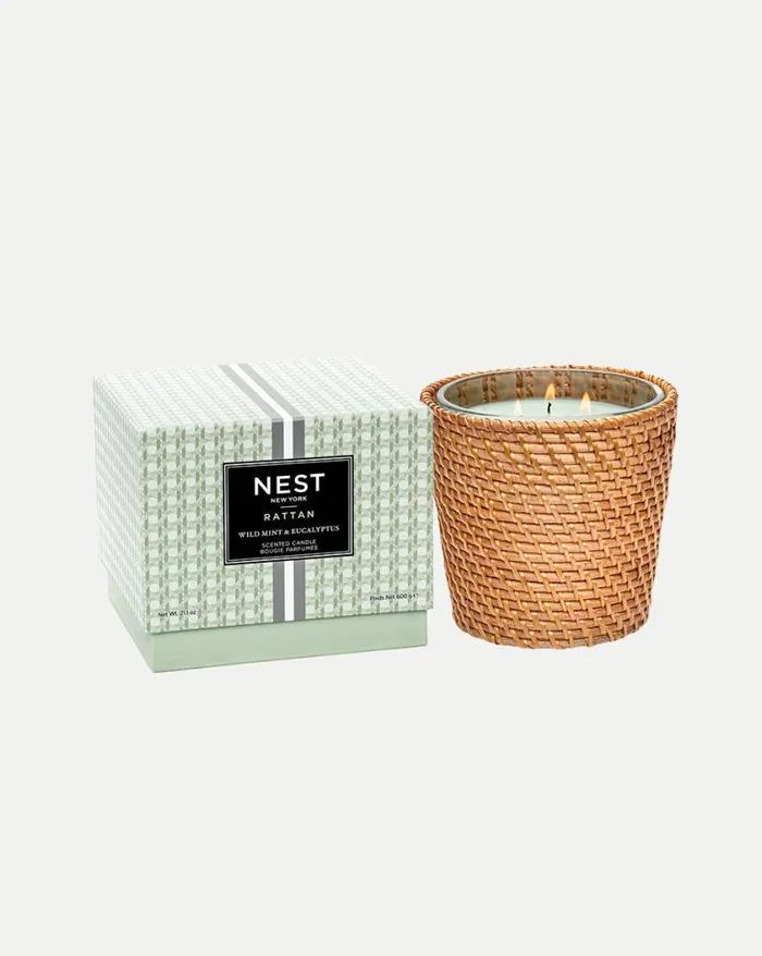 Home and Accessories Shop Veronica Beard Wild Mint and Eucalyptus 3Wick Candle Rattan Sleeve Green