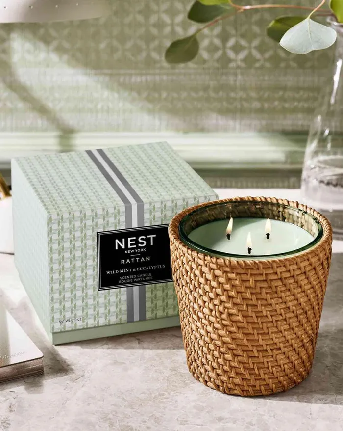 Home and Accessories Shop Veronica Beard Wild Mint and Eucalyptus 3Wick Candle Rattan Sleeve Green