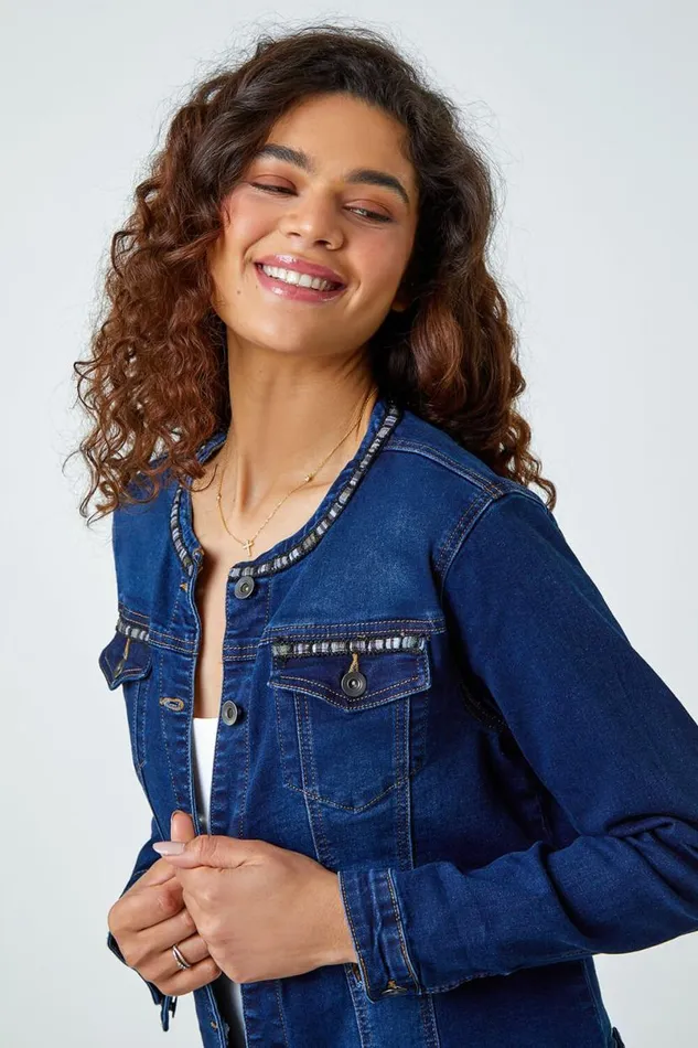 Indigo Collarless Tape Stretch Denim Jacket Women Roman Jackets