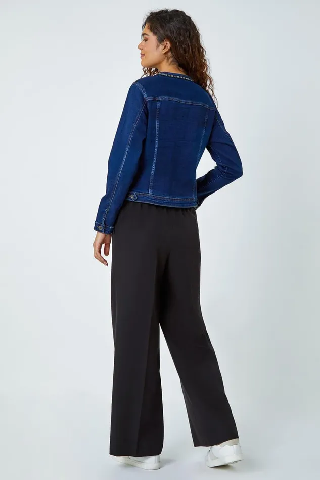 Indigo Collarless Tape Stretch Denim Jacket Women Roman Jackets