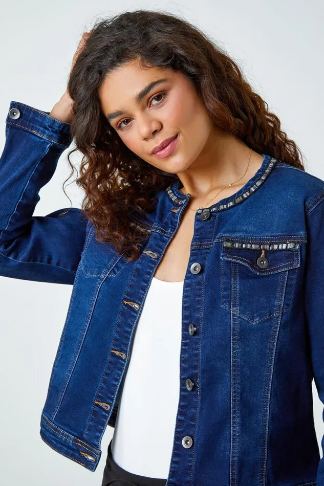 Indigo Collarless Tape Stretch Denim Jacket Women Roman Jackets