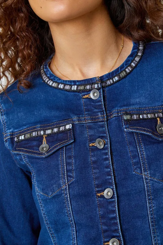 Indigo Collarless Tape Stretch Denim Jacket Women Roman Jackets