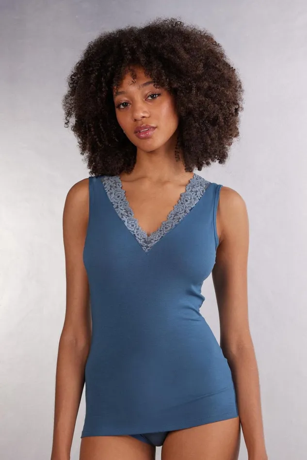 Intimissimi Camisoles Tank Tops Women Pretty Flower Modal And Lace Tank Top Blue 658j 8211 Lapis Blue Intimissimi Camisoles Tank Tops Women Pretty Flower Modal And Lace Tank Top Blue 658j 8211 Lapis Blue