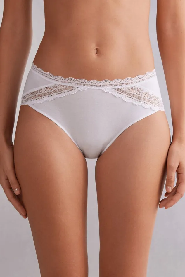 Intimissimi HighWaisted Briefs Women SemiHigh Rise Cotton And Lace Panties White 001 8211 White